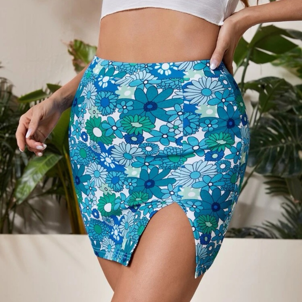 New Boho Floral Print Blue Green White Split Hem High Waist Bodycon Mini Skirt - Picture 12 of 13